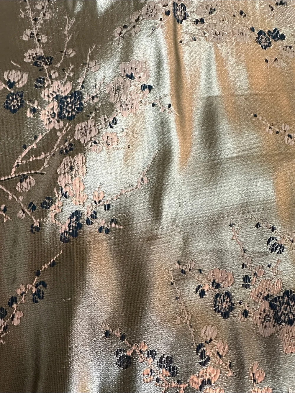 Vintage Green Brocade Floral Satin Tote Bag with Bamboo Handles